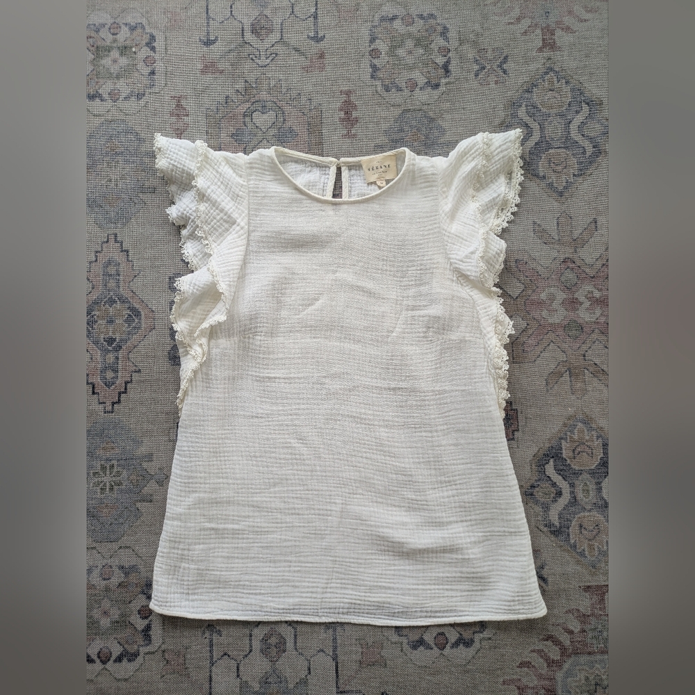 Sezane White Ruffled Sleeve Cotton Top